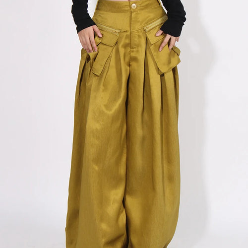 Load image into Gallery viewer, Patchwork Pockets Streetwear Floor Length Trousers For Women High Waist Solid Casual Loose Wide Leg Pants Female Fashion
