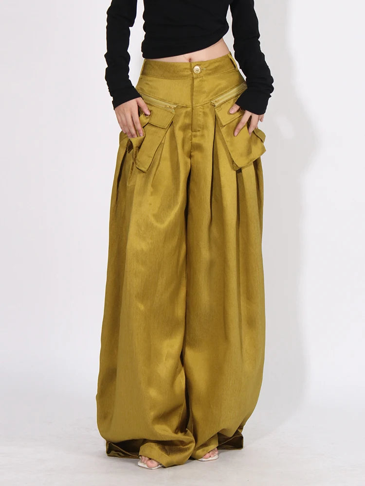 Patchwork Pockets Streetwear Floor Length Trousers For Women High Waist Solid Casual Loose Wide Leg Pants Female Fashion