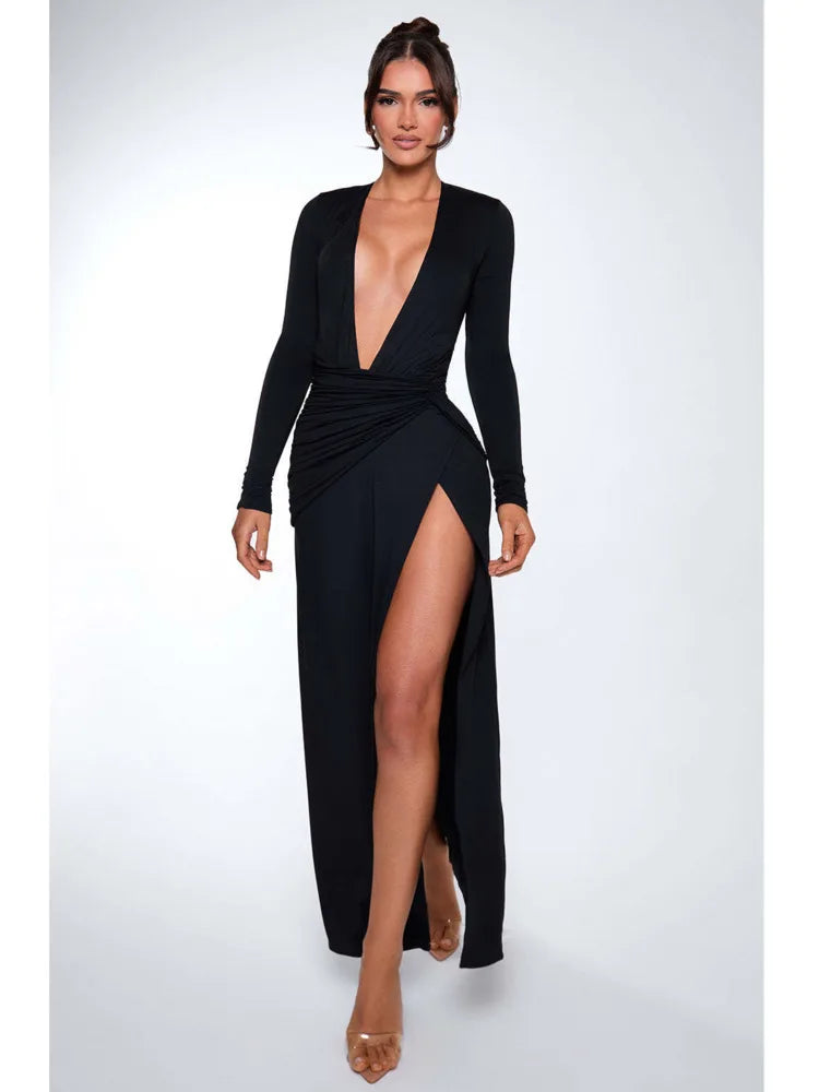 Elegant Re High Slit Bodycon Party Club Evening Dress Female Sexy Deep V Slimming Autumn/Winter 2025 New Women Vestdos