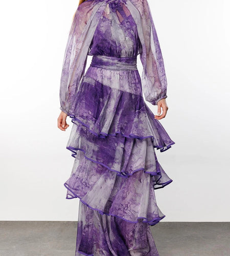 Gradient Sheer Spliced Ruffles Folds Dresses for Women Stand Neck Long Sleeves Patchwork Bead Flower Dress Female