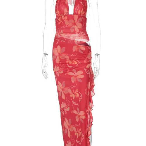 Load image into Gallery viewer, Halter Deep V Neck Ruffled Sexy Maxi Dress For Women Fashion Sleeveless Backless High Waist Bodycon Club Printed Dress
