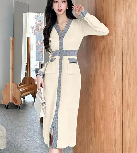 Autumn Winter French Patchwork Long Sleeves Festival Knitted Dresses Women's Elegant V Neck High Waist Wrap Hip Dress Streetwear