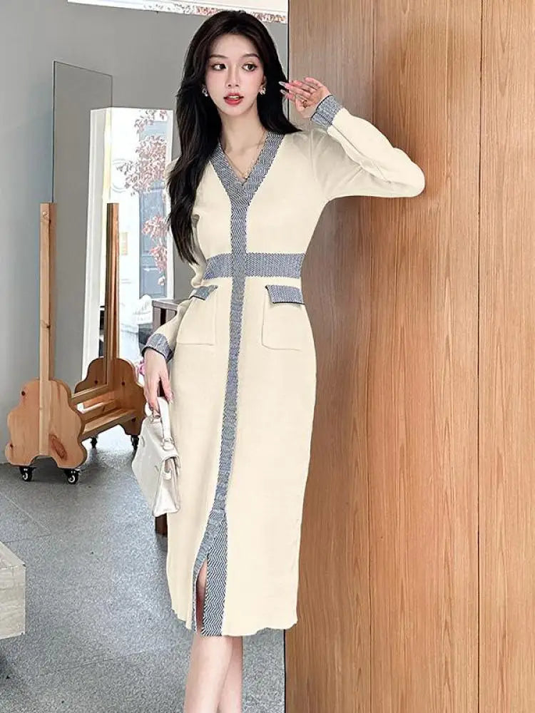 Autumn Winter French Patchwork Long Sleeves Festival Knitted Dresses Women's Elegant V Neck High Waist Wrap Hip Dress Streetwear