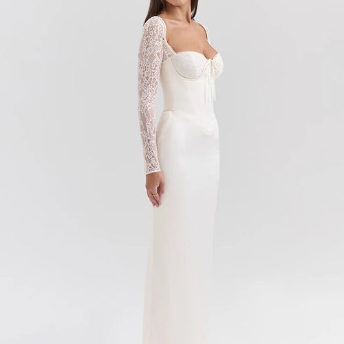 Load image into Gallery viewer, Lace Long Sleeve Sexy Maxi Dress For Women White Square Collar Backless Back Split Bodycon Club Party Long Dress
