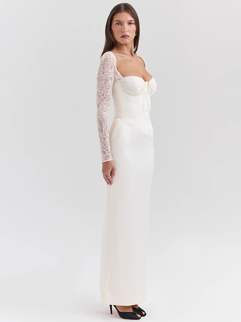 Lace Long Sleeve Sexy Maxi Dress For Women White Square Collar Backless Back Split Bodycon Club Party Long Dress