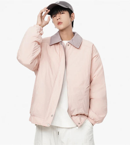 American Style Men's Padded Jackets Turn-down Collar Contrast Color Zipper Loose Thick Male Short Coats Simple 2024 9C8546