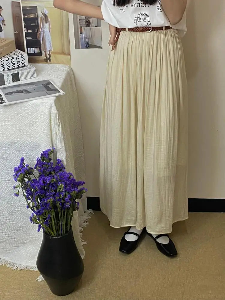 Spring Summer New Solid Elegant Vacation Party Pleated Skirt Women's French Fashion Elastic Waist Office Long Skirt Trend Simple