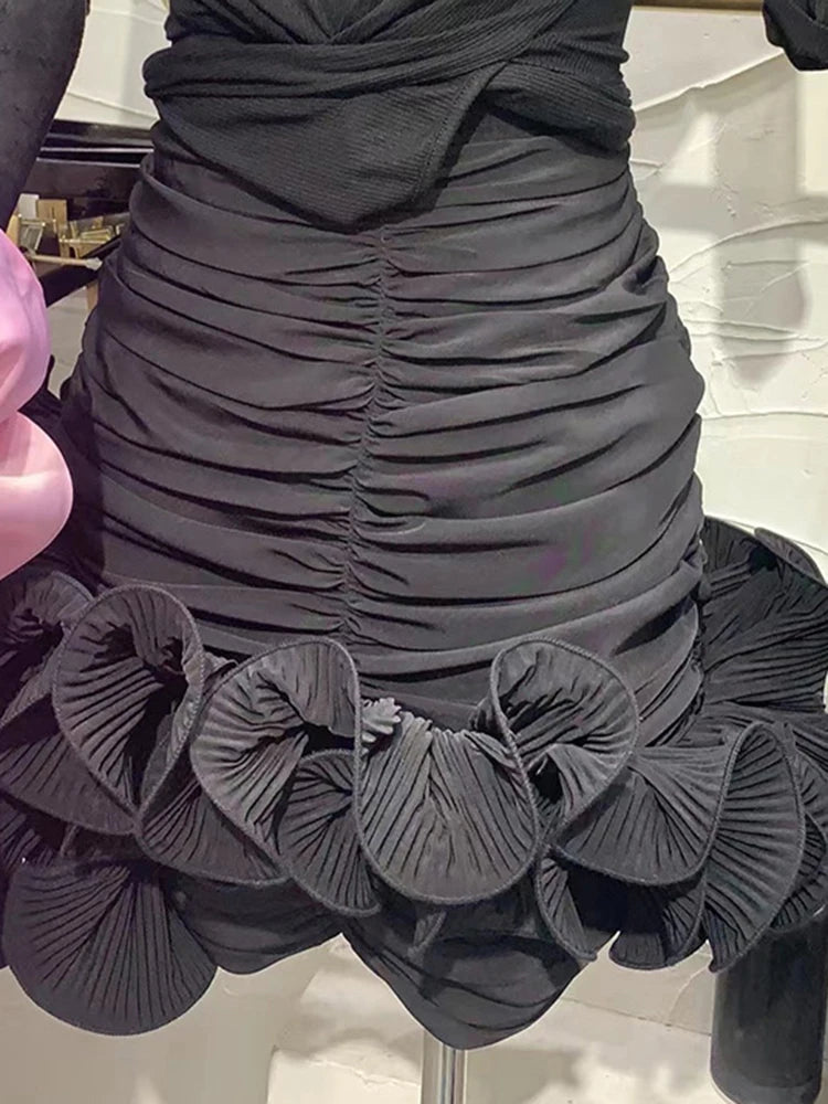 Sexy High Street Black Asymmetrical Hem Skirt For Women High Waist Patchwork Ruffle Pleated Skirts Female Summer Style