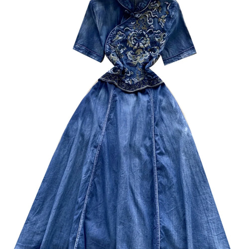 Load image into Gallery viewer, Vintage Chinese Style Summer Blue Embroidery Denim Long Dress Women Stand Neck Elegant Short Sleeve Festival Party Evening Dress
