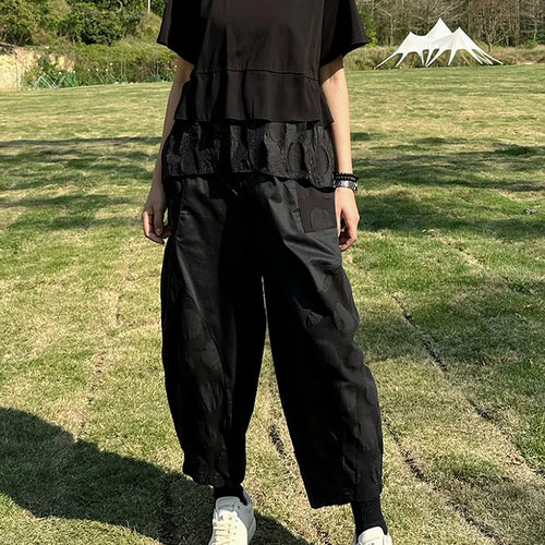 Load image into Gallery viewer, Women Black Hem Ruffles Irregular Big Size T-shirt New Round Neck Short Sleeve Fashion Tide Spring Summer 2025 1DJ0704
