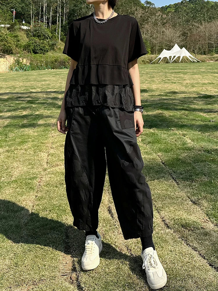 Women Black Hem Ruffles Irregular Big Size T-shirt New Round Neck Short Sleeve Fashion Tide Spring Summer 2025 1DJ0704