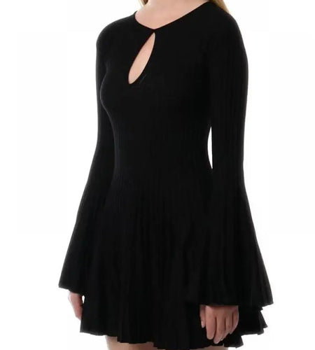 Autumn New 2024 Black Elegant Long Sleeve Knit Mini Dress For Women Beige  Round Neck Hollow Out Simple Pleated Short Dress Chic