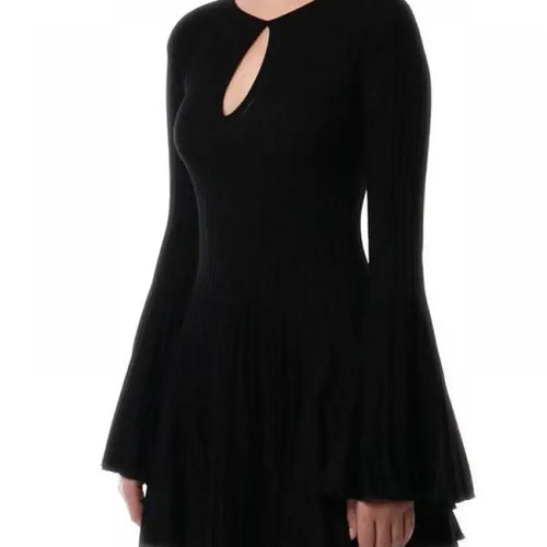 Load image into Gallery viewer, Autumn New 2024 Black Elegant Long Sleeve Knit Mini Dress For Women Beige  Round Neck Hollow Out Simple Pleated Short Dress Chic
