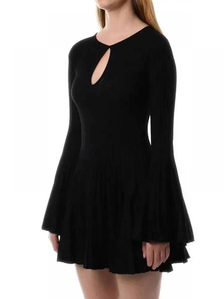 Autumn New 2024 Black Elegant Long Sleeve Knit Mini Dress For Women Beige  Round Neck Hollow Out Simple Pleated Short Dress Chic