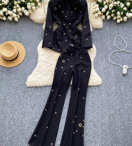 Women Office 2024 Autumn Winter Black White Metal Buckle Single Breasted Blazer And High Waisted Wide Leg Pants Two Piece Suits