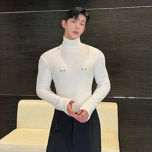 Load image into Gallery viewer, Slim Male Long Sleeve T-shirts Autumn New Versatile Detachable Breastpin Fashion Niche Design Korean Underlay Tops 9C1590
