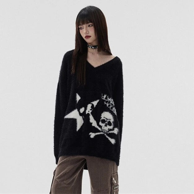 Loose Mohair Thick Sweater Women Y2k Aesthetic Knitted Punk Vintage Pullover Sueter Mujer Harajuku Skull Print Grunge Pull Femme
