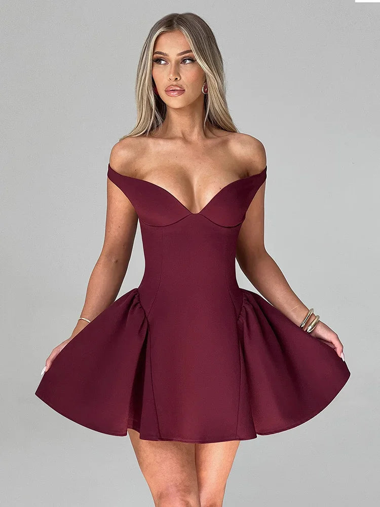 Off-shoulder Backless Sexy Mini Dress For Women Wine Red Sleeveless Strapless High Waist A-line Club Party Sexy Dress