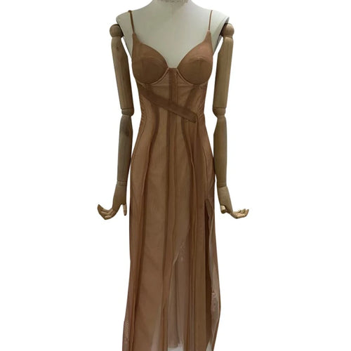 Load image into Gallery viewer, Solid Slimming Spliced Mesh Sexy Dresses for Women V Neck Sleeveless Split Temperament Long Dress Female Clothing
