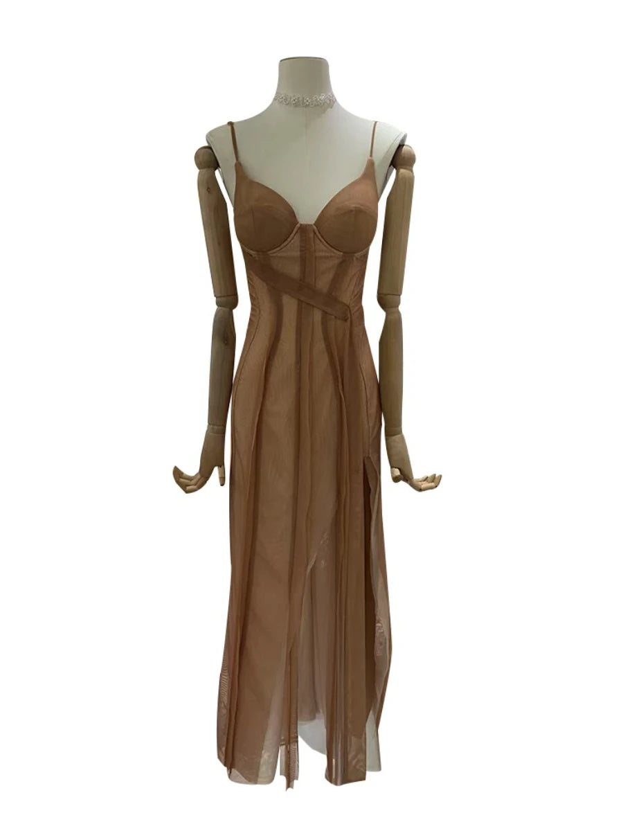 Solid Slimming Spliced Mesh Sexy Dresses for Women V Neck Sleeveless Split Temperament Long Dress Female Clothing