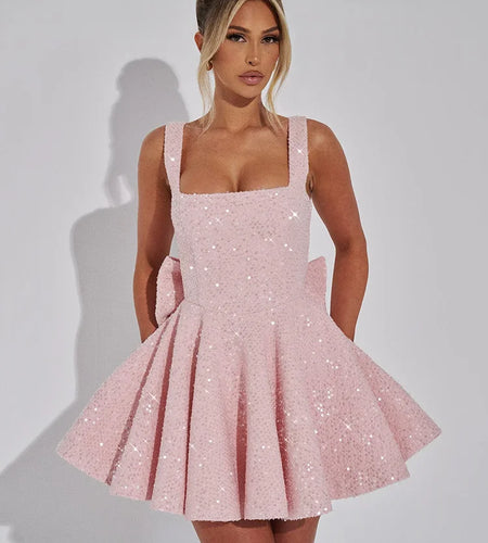 Sequins Bow Backless Sexy Mini Dress For Women Robe Fashion Square Collar Sleeveless High Waist A-line Club Dress