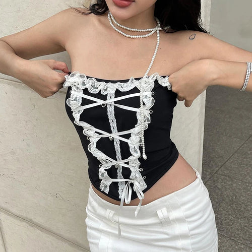 Load image into Gallery viewer, Hotsweet Strapless Y2K Tube Top Short Cutecore Lolita Lace Spliced Corset Tops Women Tie Up Ruffles Coquette Clothes
