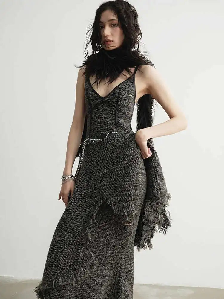 Women 25% Wool Irregular Tassels Burr Hem Vintage Dress New V-Neck Sleeveless Fashion Tide Autumn Winter 2025 1DH4036