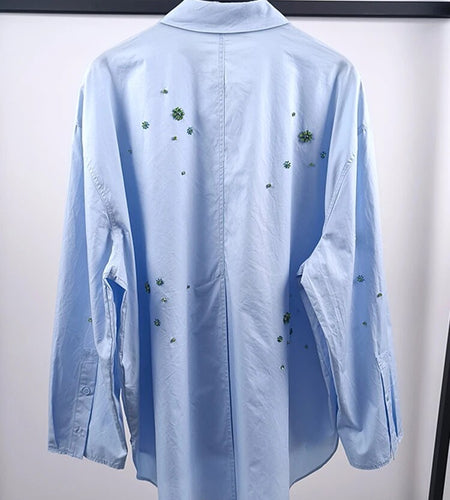 Solid Patchwork Diamonds Casual Loose Blouses For Women Lapel Long Sleeve Spliced Single Breasted Blouse Female