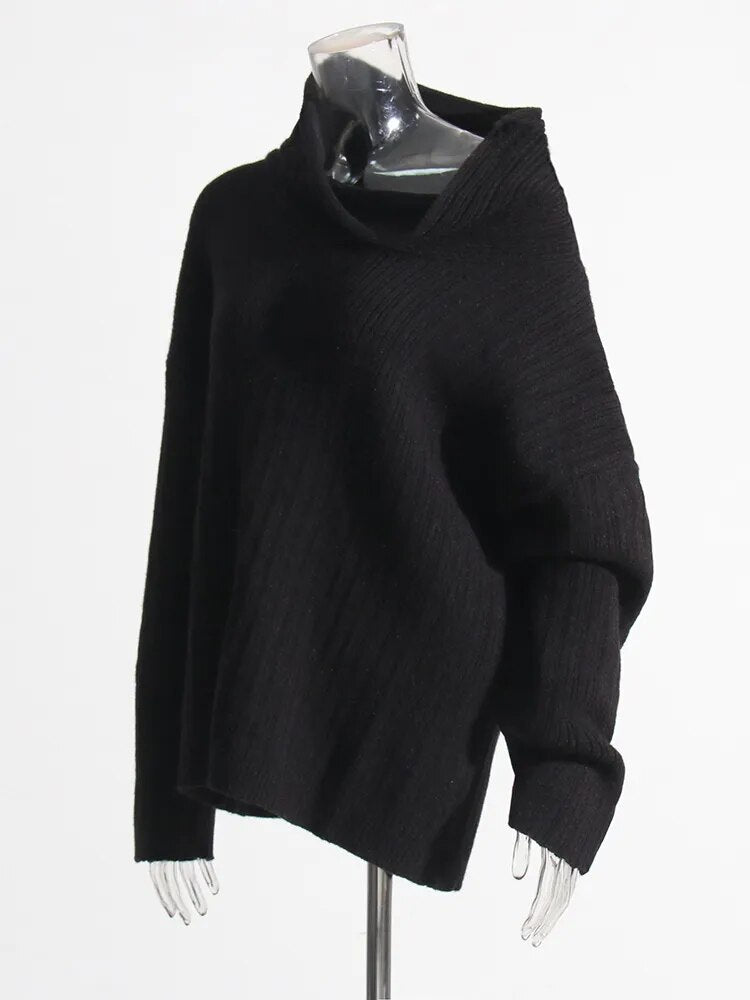 Solid Minimalist Knitting Sweaters For Women Diagonal Collar Long Sleeve Off Shoulder Pullover Sweater Female