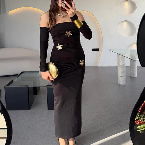 Load image into Gallery viewer, Metal Buckle Strapless Sexy Maxi Dress For Women Off-shoulder Backless Long Sleeve Ruched Bodycon Club Long Dress
