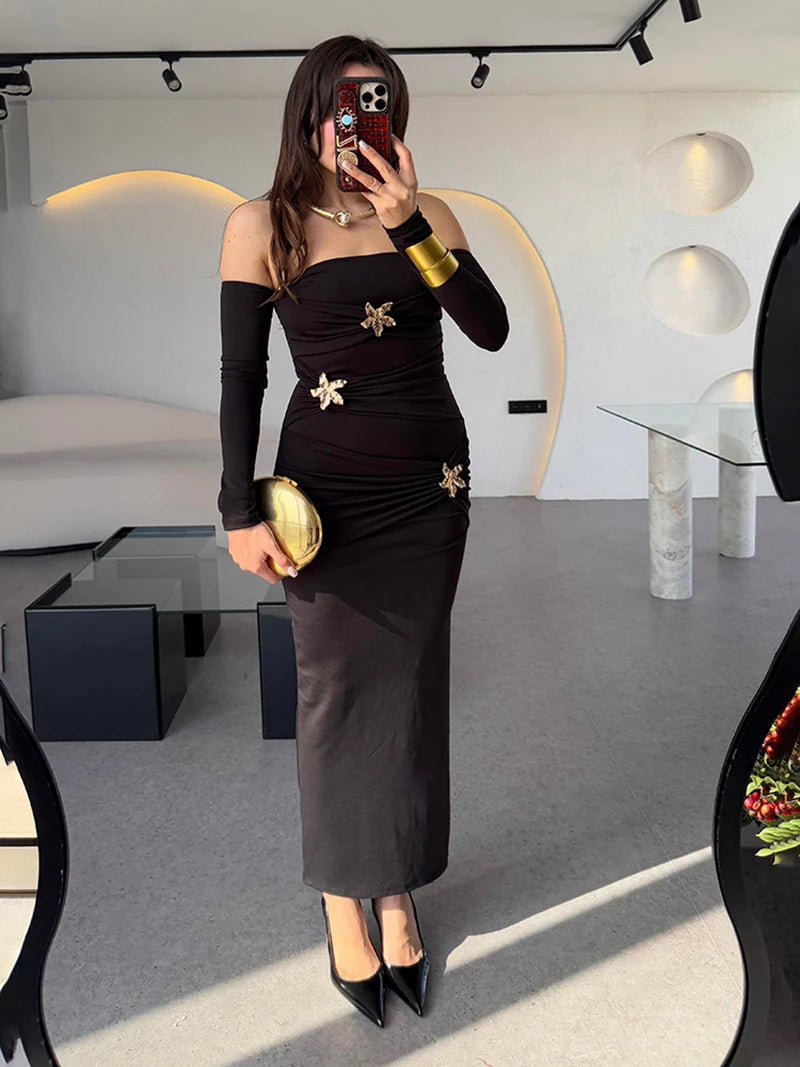 Metal Buckle Strapless Sexy Maxi Dress For Women Off-shoulder Backless Long Sleeve Ruched Bodycon Club Long Dress