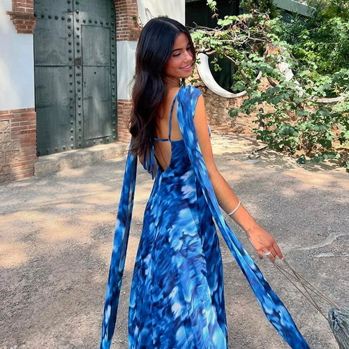 Load image into Gallery viewer, Halter Backless Print Sexy Maxi Dress For Women Gown Elegant Blue Printed Lace-up Sleeveless Evening Long Dress

