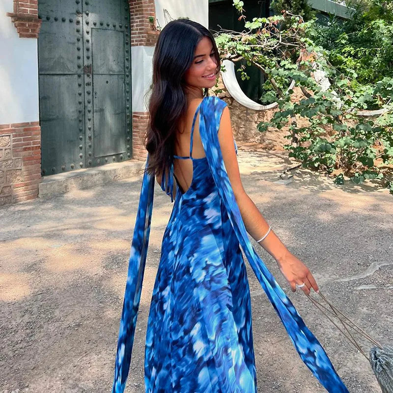 Halter Backless Print Sexy Maxi Dress For Women Gown Elegant Blue Printed Lace-up Sleeveless Evening Long Dress
