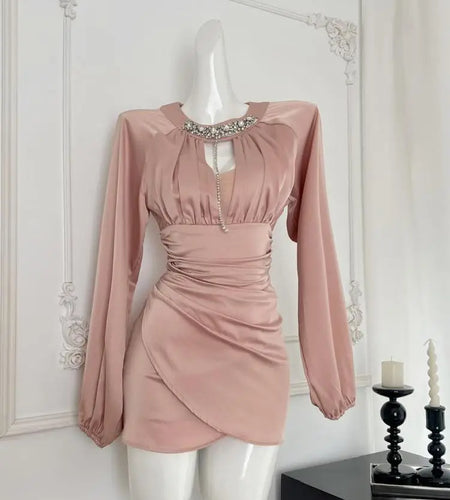 Autumn Women Pink Diamond Round Neck Hollow Out Party Mini Dress French New High Waist Sexy Elegant Wrap Hip Pleated Short Dress