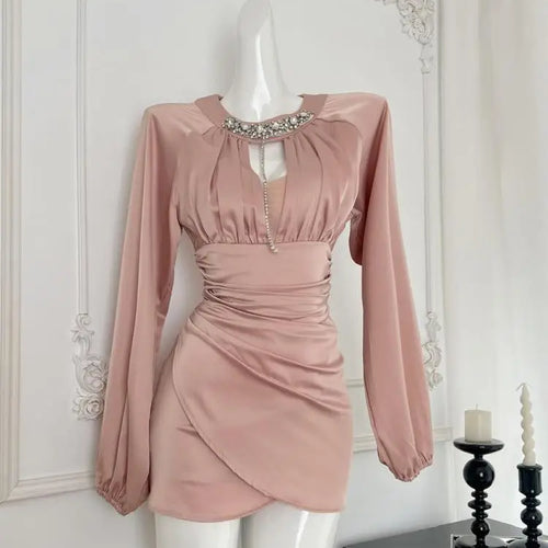 Load image into Gallery viewer, Autumn Women Pink Diamond Round Neck Hollow Out Party Mini Dress French New High Waist Sexy Elegant Wrap Hip Pleated Short Dress
