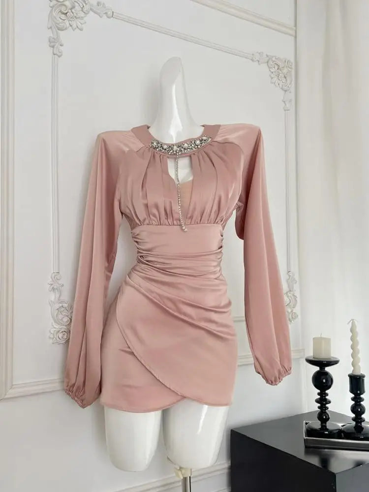 Autumn Women Pink Diamond Round Neck Hollow Out Party Mini Dress French New High Waist Sexy Elegant Wrap Hip Pleated Short Dress