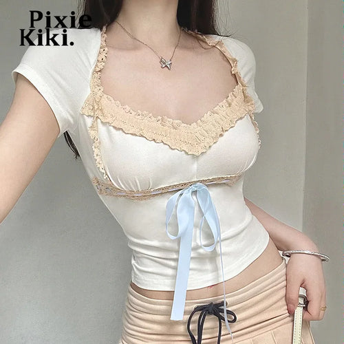 Load image into Gallery viewer, Frilly Bow Square Neck Short Sleeve T Shirt for Girls Y2k 2000s Vintage French Style Summer Crop Tops Women P84-BH11
