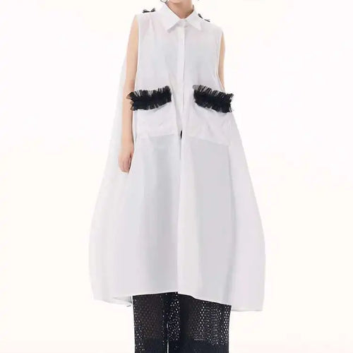 Load image into Gallery viewer, Women White Mesh Color-block Backless Big Size Shirt Dress New Lapel Sleeveless Fashion Tide Spring Summer 2025 1DH9518
