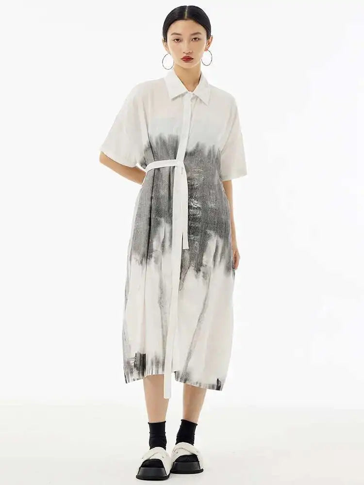 Women Green Pattern Printed Belted Big Size Shirt Dress New Lapel Short Sleeve Fashion Tide Spring Summer 2025  1DH5759