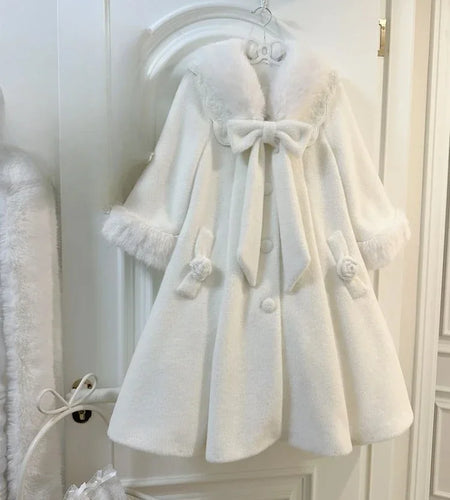 Japanese Lolita Sweet Girl Blends Jackets Women Y2k Aesthetic Fur Patchwork Vintage Coats Harajuku Kawaii Pocket Bow Jacket Cute