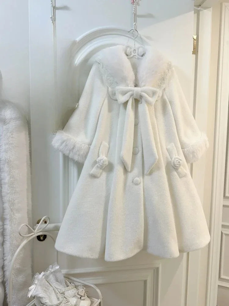 Japanese Lolita Sweet Girl Blends Jackets Women Y2k Aesthetic Fur Patchwork Vintage Coats Harajuku Kawaii Pocket Bow Jacket Cute