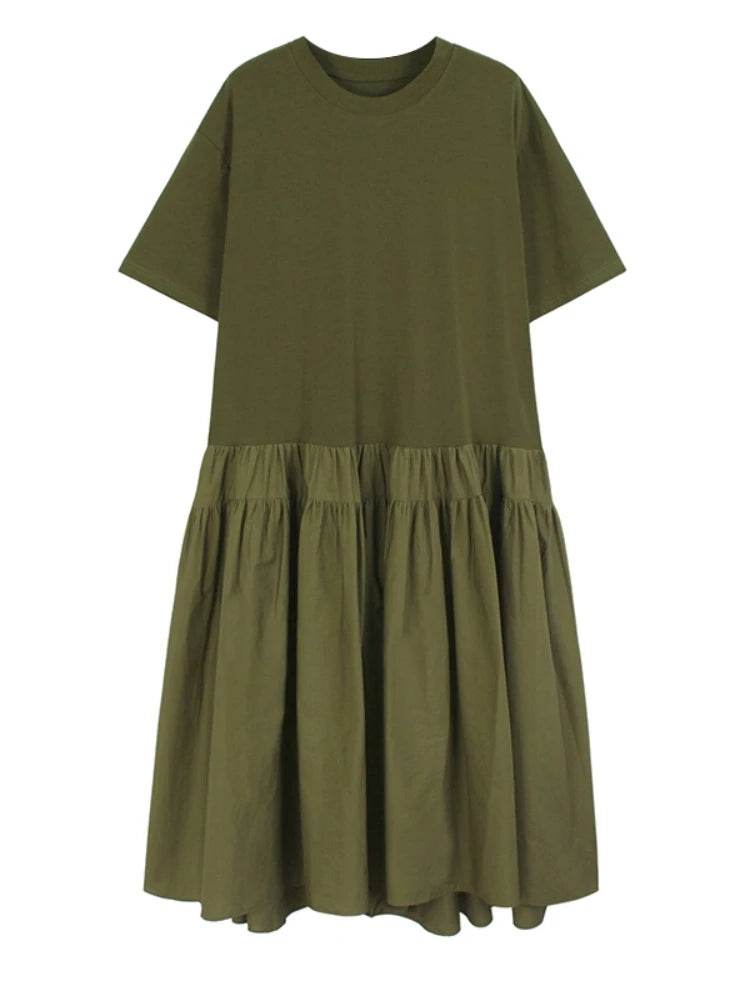 Women Army Green Pleated Hem Big Size Midi Dress New Round Neck Short Sleeve Fashion Tide Spring Summer 2025 1DJ0781