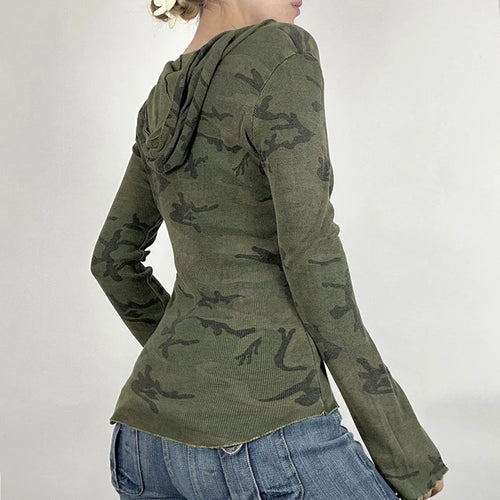 Load image into Gallery viewer, Vintage Green Camouflage Hooded T-shirts Women Top Buttons Frill Y2K Fairycore Autumn Pullover Shirts Slim Aesthetic
