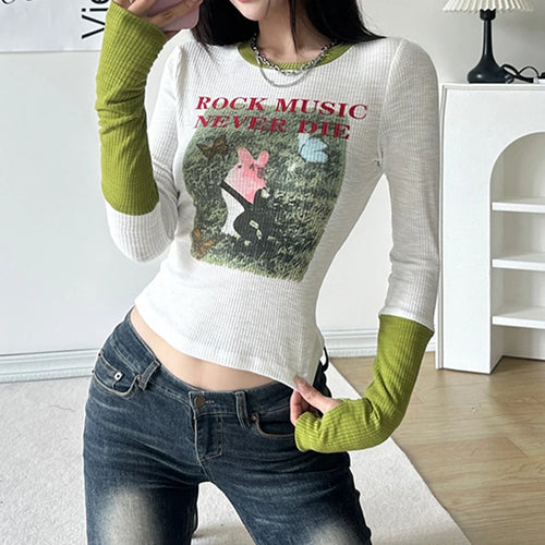 Load image into Gallery viewer, Korean Style Graphic Tee Shirt Women Print Patched Skinny Cropped Top Harajuku Cutecore Spring Tshirt Contrast Color
