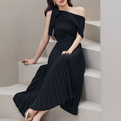 Load image into Gallery viewer, Solid Elegant Dresses For Women Diagonal Collar Off Shoulder High Waist Patchwork Fold Dress Female Fashion Clothes
