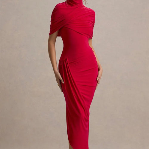 Load image into Gallery viewer, Half Sleeve Backless Ruched Sexy Maxi Dress Women Summer New Turtleneck Slim High Waist Evening Club Party Long Dress
