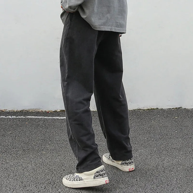 Solid Color Men's Sweatpants Straight Drawstring Trousers Elastic Waist Loose Wide Leg Bottom 2024 Winter Fashion 9C8810