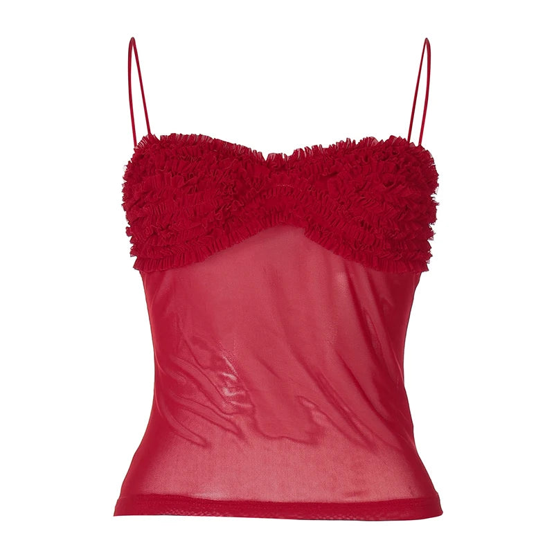 Spaghetti Strap Mesh Pleated Sexy Crop Tops Women Red Strapless Sleeveless Backless Skinny Club Tank Tops Clubwear