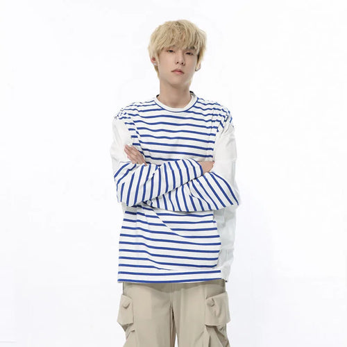 Load image into Gallery viewer, Long Sleeve Men&#39;s T-shirt Stripe Male Clothing Summer Autumn Pullover Korean Spliced Contrast Color Top 9C5179
