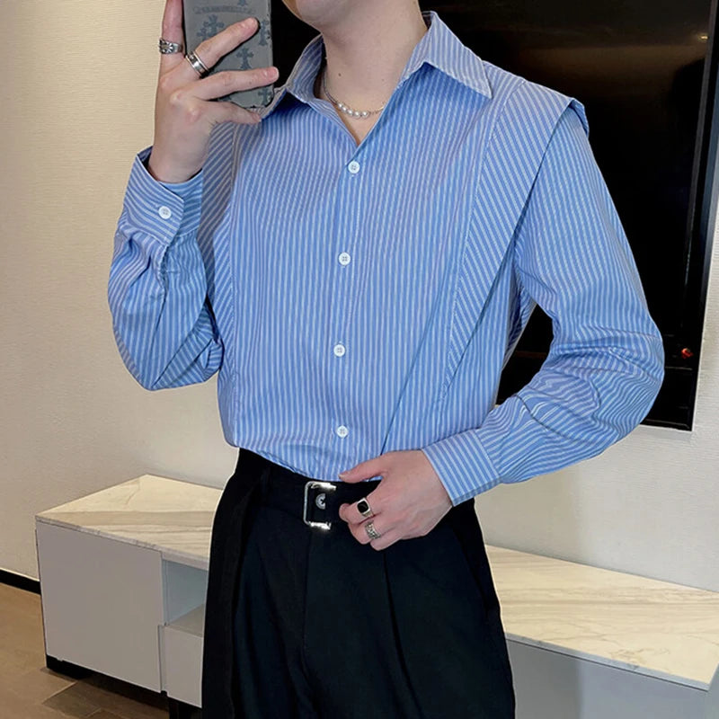 Men's Long Sleeved Shirts Spring Korean Striped Casual Design Male Turn-down Collar Fake Two-piece Patchwork Shirt 9W1416